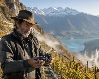 mountain vigneron holding dark Mondeuse grapes on steep terraced vineyard with snowy Alps and Lake Annecy in the background, autumn light
