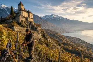 Savoyard castle overlooking steep alpine vineyards with autumn sunlight, mondeuse grapes, and mountain vigneron tending the vines.