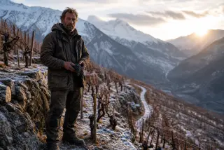 Savoyard vintner with weathered hands holding mondeuse grapes on steep terraced vineyard, snowy Alps and frosty granite stones in the background, cold winter sunlight.