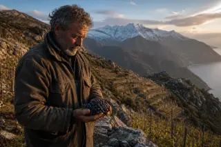 Vigneron on steep alpine vineyard slope at golden hour, holding mondeuse grapes, dramatic snowy mountains and terraced vines in the background, with a cold, authentic high-altitude atmosphere.
