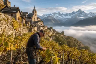 Medieval Haute-Savoie village above terraced alpine vineyards, mountain vigneron tending vines, snowy peaks in background, early autumn mist and stone houses.