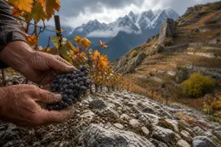 Autumn terraced vineyards in Savoie with snow-capped peaks, vigneron's hands on mondeuse grapes, stony slopes under golden light.
