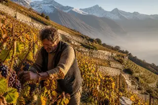 Steep terrace vineyards in the Savoie Alps at sunrise with a vigneron tending Mondeuse grapes and snow-capped mountains in the background.
