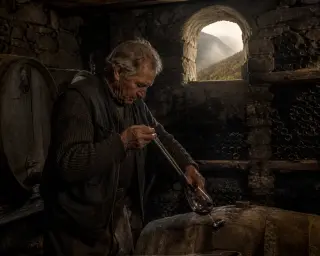 Mountain cave with arched stone ceiling, elderly winemaker filling a glass from an oak barrel, surrounded by bottles and casks in soft golden light.