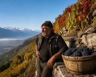 Alpine vineyard on a steep slope near Chambéry, mountain winemaker with harvested mondeuse grapes, snowy peaks in background, autumn light, rugged stone walls
